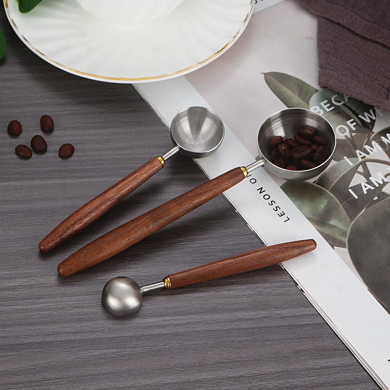 Measuring Spoon Walnut Wood Long Handle Coffee Spoons Household Wooden Handle Stainless Steel Coffee Scoop Tablespoon Cafe Tools