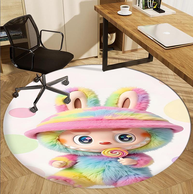 Labubu Pattern Round Rug, Indoor/Outdoor Mat, for Picnic, Gameroom, Bedroom, Office, Living Room, Home Decor Carpet, Birthday Gift
