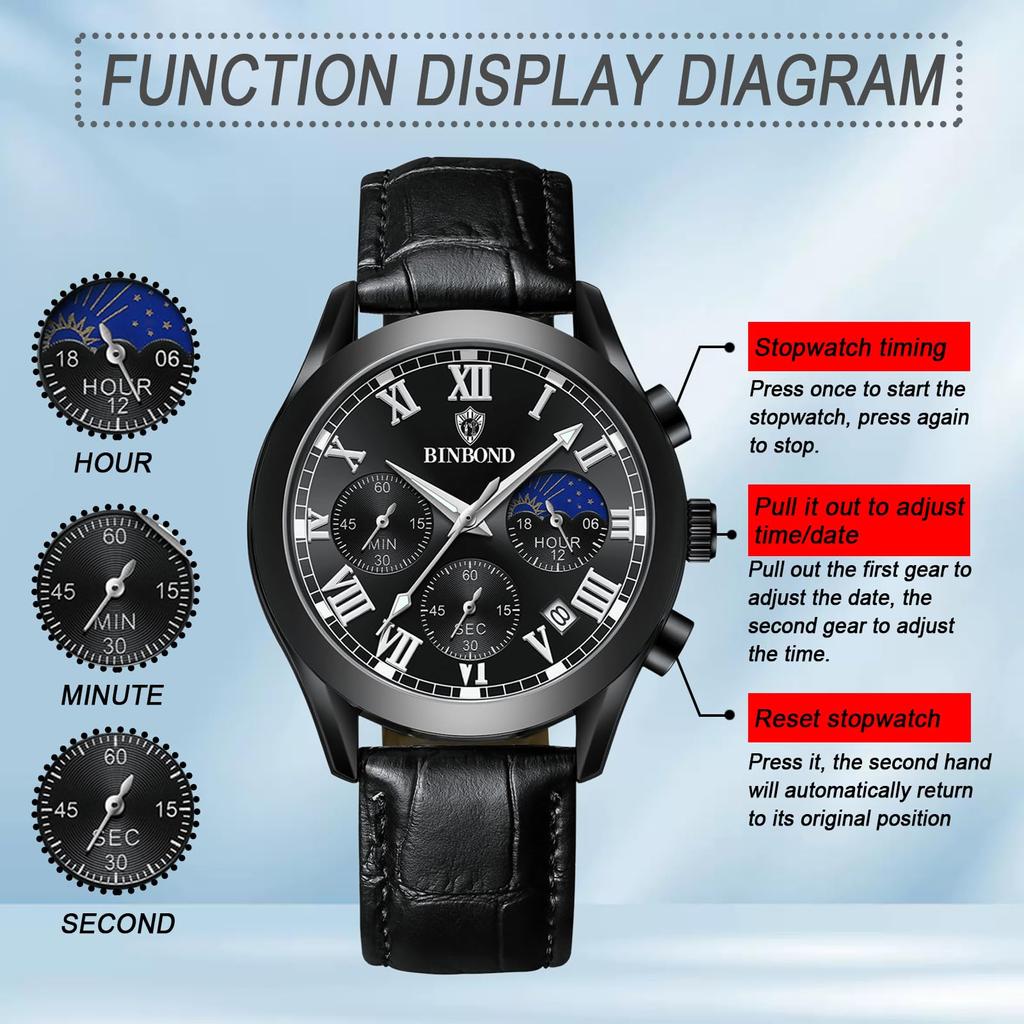 Genuine Leather Strap Calendar Roman Alphabet Luminous Analog Starry Sky Waterproof Leather Belt Simple Stylish Quartz Black Fashion Accessories