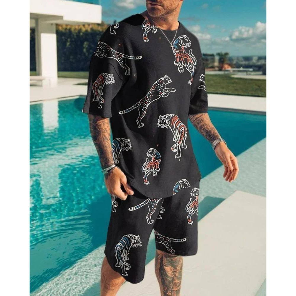 Летний комплект из 2 предметов с шортами с рисунком льва и свирепого зверя, повседневные уличные футболки и шорты, спортивный костюм с круглым вырезом и 3D-принтом