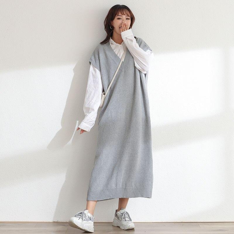 DIMANAF Женское платье-свитер Зима Осень Большой размер Новый вязаный жилет без рукавов с V-образным вырезом Женский базовый однотонный свободный пуловер