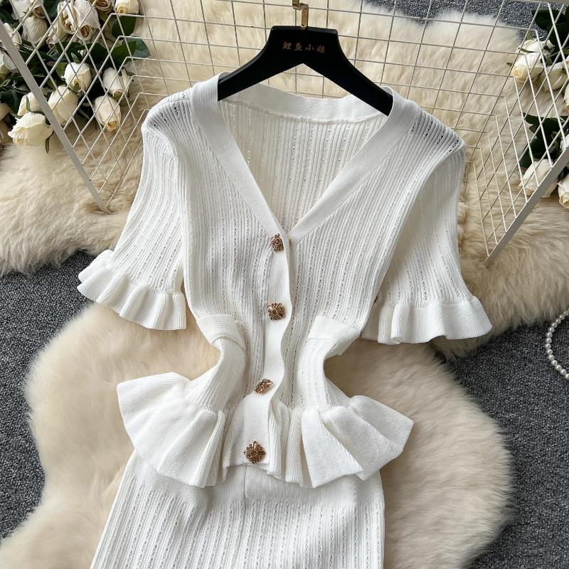 Ретро вязаный свитер с оборками, сексуальный однобортный, элегантный, А-силуэт, длинное вечернее платье макси, женская мода, летняя одежда