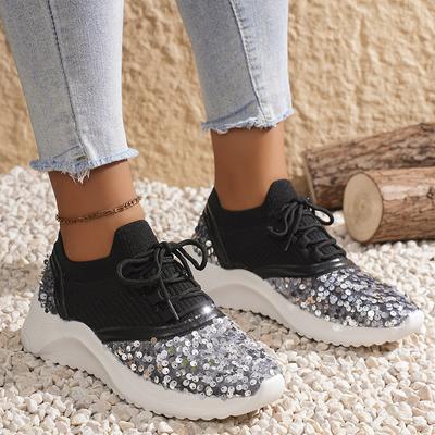 Женские трикотажные кроссовки с пайетками, женские модные кроссовки на шнуровке с толстой подошвой, женские дышащие кроссовки для занятий в спортзале, размер 43