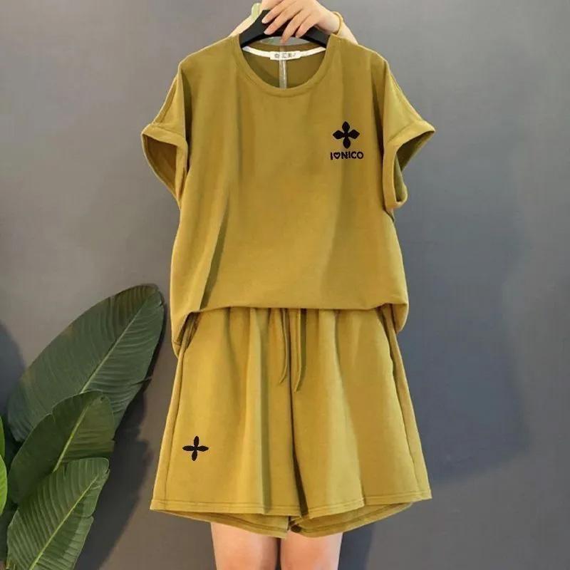 Костюм женский большого размера хлопковая футболка с капюшоном брюки из двух частей удобный топ с короткими рукавами и длинные брюки костюм из 2 предметов