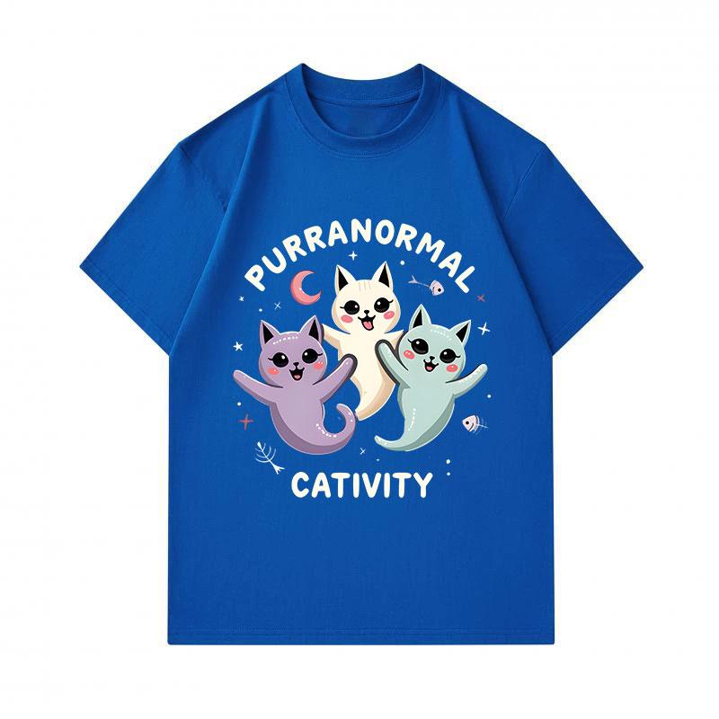 Men's 100% Cotton Crew Neck Short Sleeve T-Shirt, Cute Purranormal Cat Ghost Print Casual Halloween Tee, Soft Breathable Daily Top for Cat Lovers