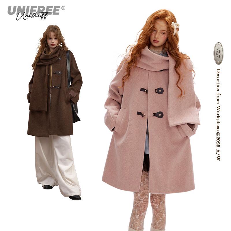 UNIFREE Korean-Style Commuter Woolen Coat with Scarf