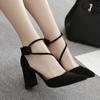 Black Pointed Thick Heel High Heels Female 2025 Spring New Suede Medium Heel Strappy Sandals Korean Versatile Women Shoes Pumps