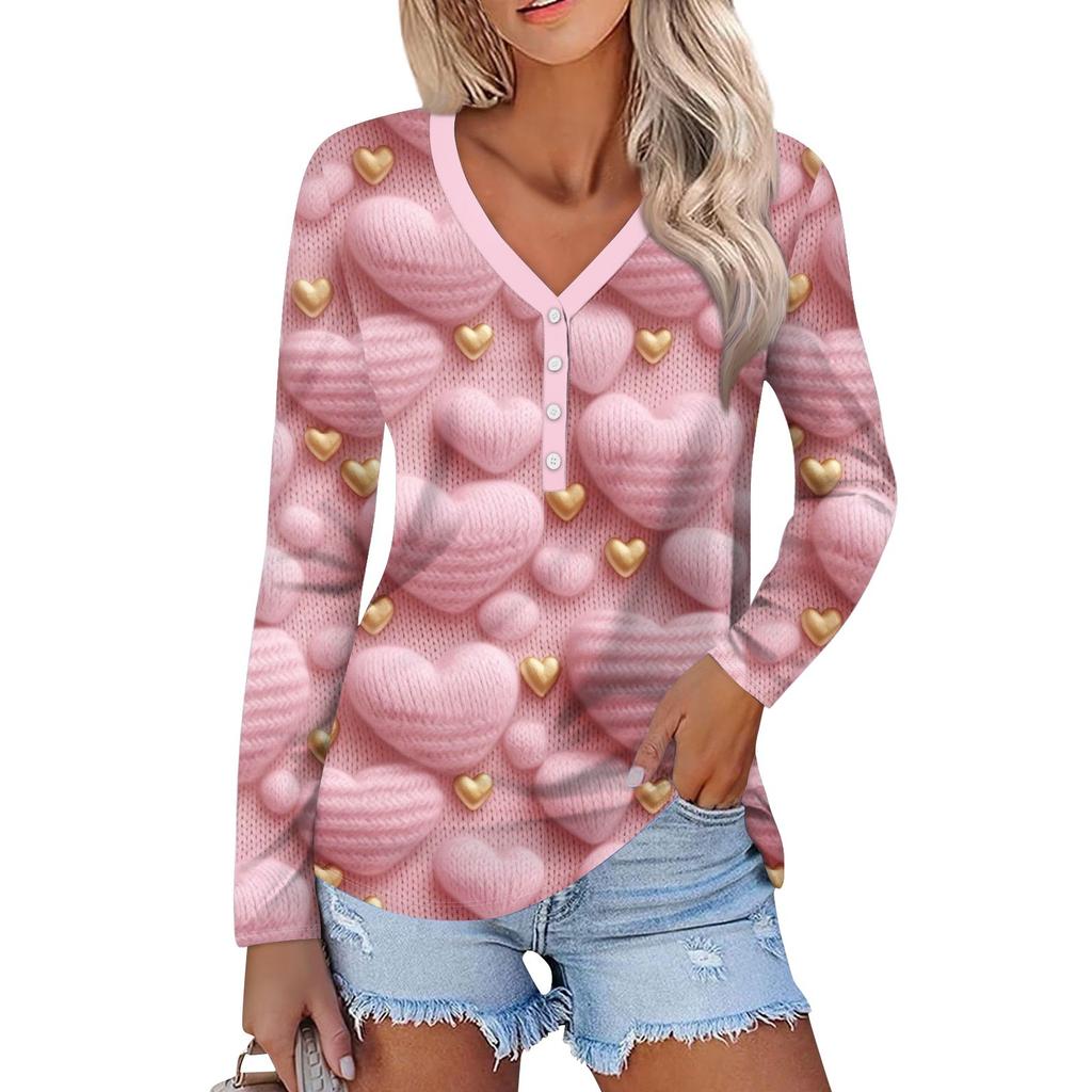 Женский модный повседневный топ с длинным рукавом и V-образным вырезом на пуговицах ко Дню святого Валентина с принтом в виде сердца