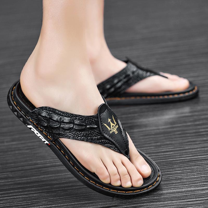 Genuine Leather Men Slippers Handmade Flip Flops Crocodile Grain Style Summer Men Casual Shoes Non-slip Outdoor Men Beach Shoes