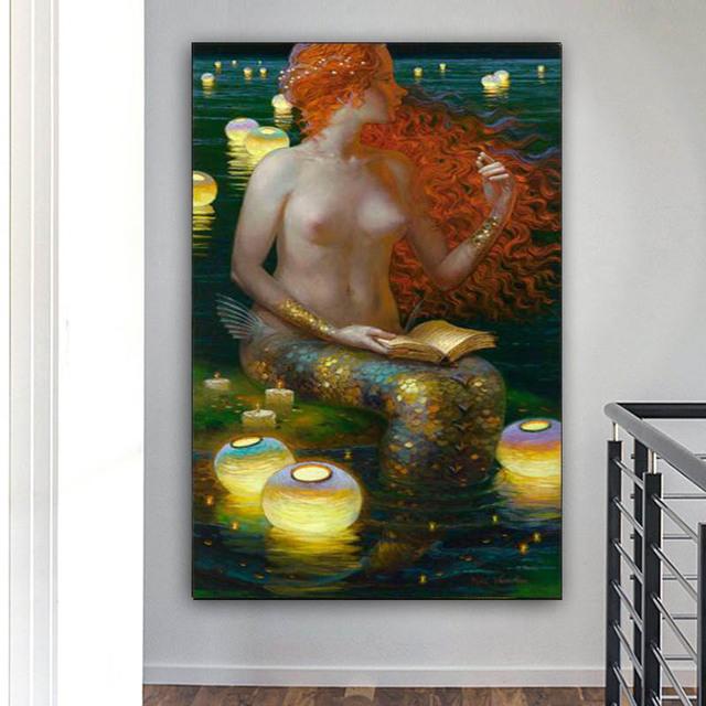 Abstract Long Hair Mermaid Canvas Painting Mermail Posters and Prints Wall Art Pictures For Living Room Home Decor No Frame