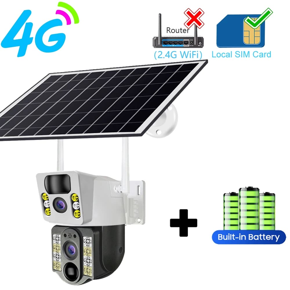 4K Солнечная камера 4G SIM-карта Wi-Fi Двойной объектив 8MP HD Ночное видение IP-видеонаблюдение PTZ PIR Сигнализация обнаружения человека Безопасность Водонепроницаемая