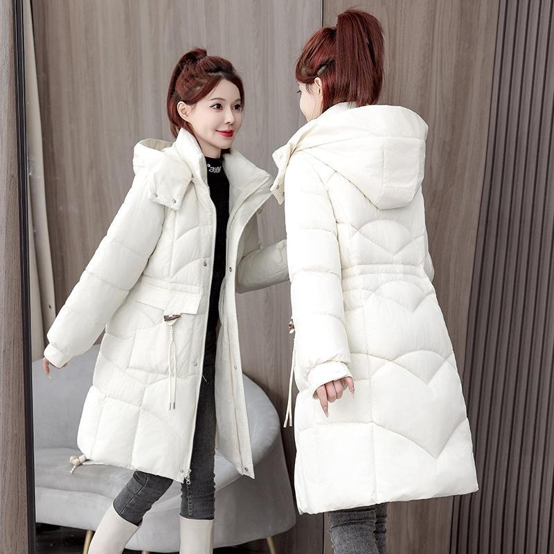 Small woman in medium and long cotton-padded clothes, slim and thin in winter, hooded waist and hooded cotton-padded jacket, cold-resistant and