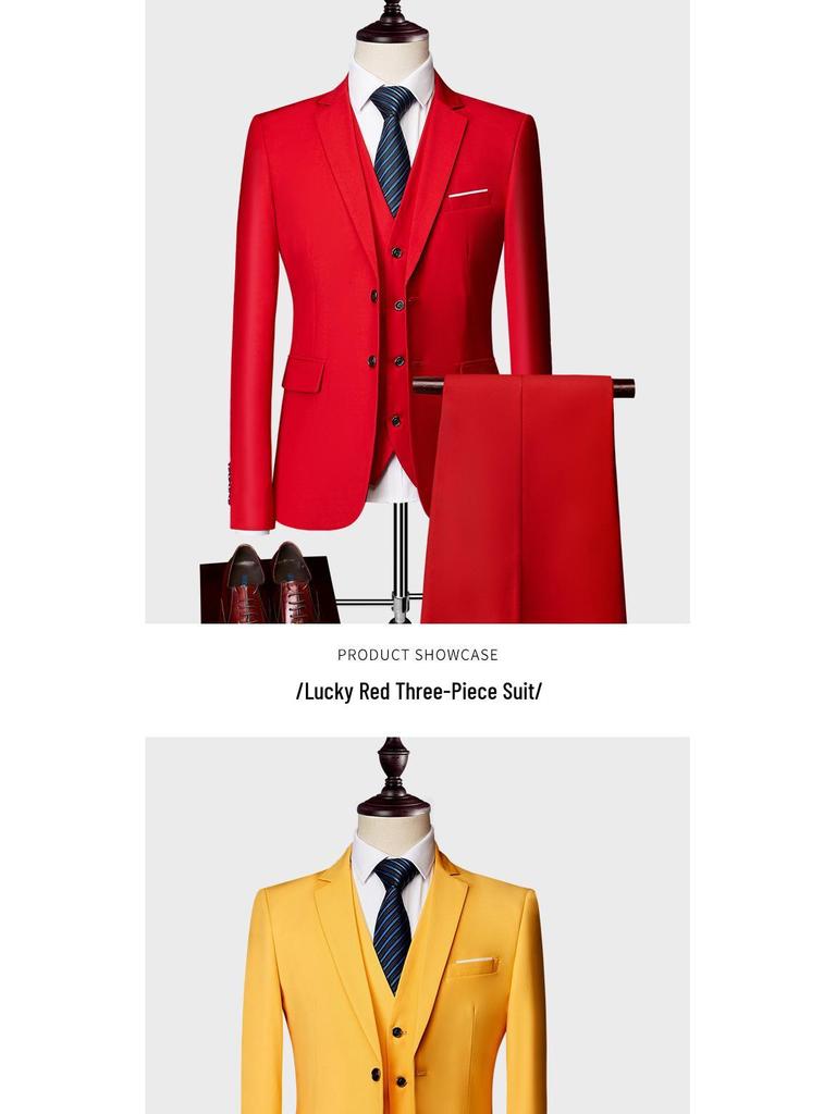 Men's Slim Fit Three-Piece Suit, Multi-Color British Wedding Tuxedo, Plus Size Groomsman Set