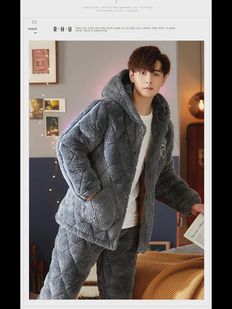 Men's Winter Hooded Quilted Pajama Set: Thick, Plush, Large Size Flannel Jacket