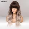 Ombre Коричневый Светло-Серый Пепельный Парик с Челкой для Женщин Длинные Волнистые Жаропрочные Синтетические Парики Волос
