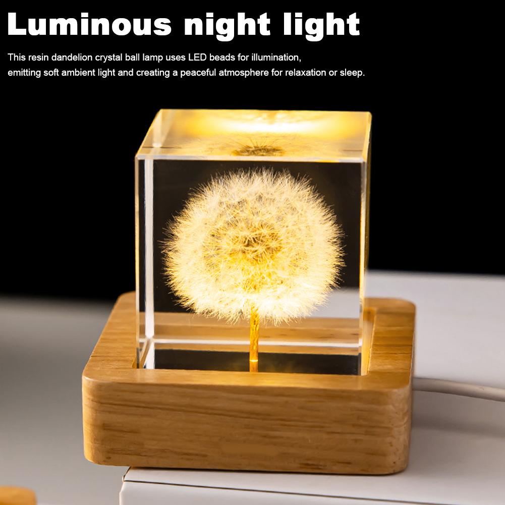 3D Crystal Ball Crystal Flower Night Light Dandelion Crystal Ball Night Lamp Birthday Gift Home Desktop Decoration with Base