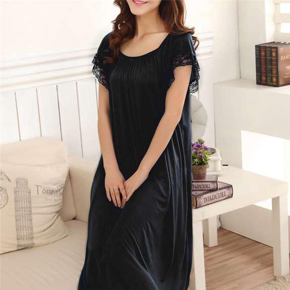 Women Soft Comfortable Satin Lace Sleepwear Nightgown Solid Color Silk Nightdress