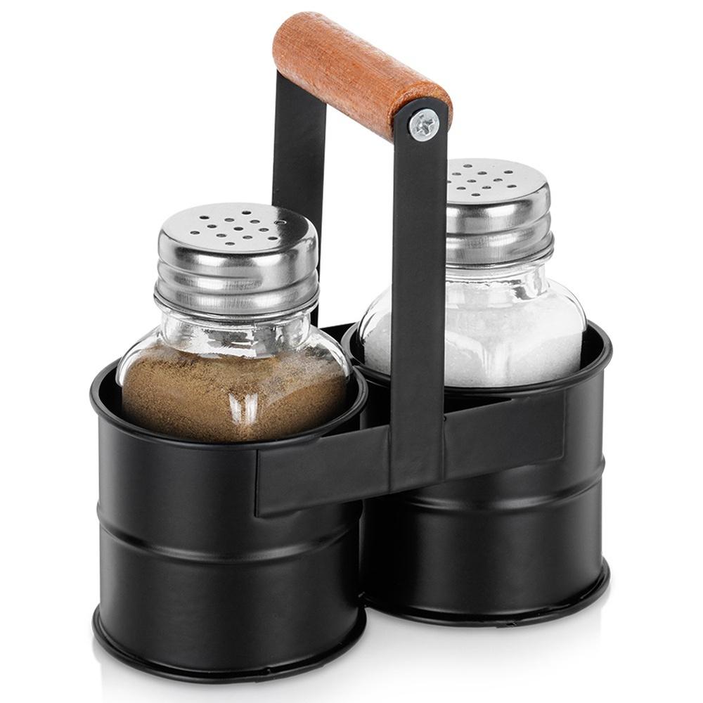 Salt and pepper shakers with stand, 3 pieces.