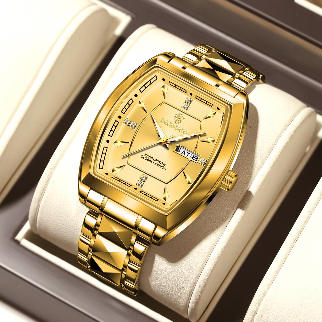 BINBOND Tonneau Dial Кварцевые Часы Для Мужчин Роскошные Алмазные Элегантные Нержавеющая Сталь Водонепроницаемые Светящиеся ТОП Бренд Мужские Наручные Часы