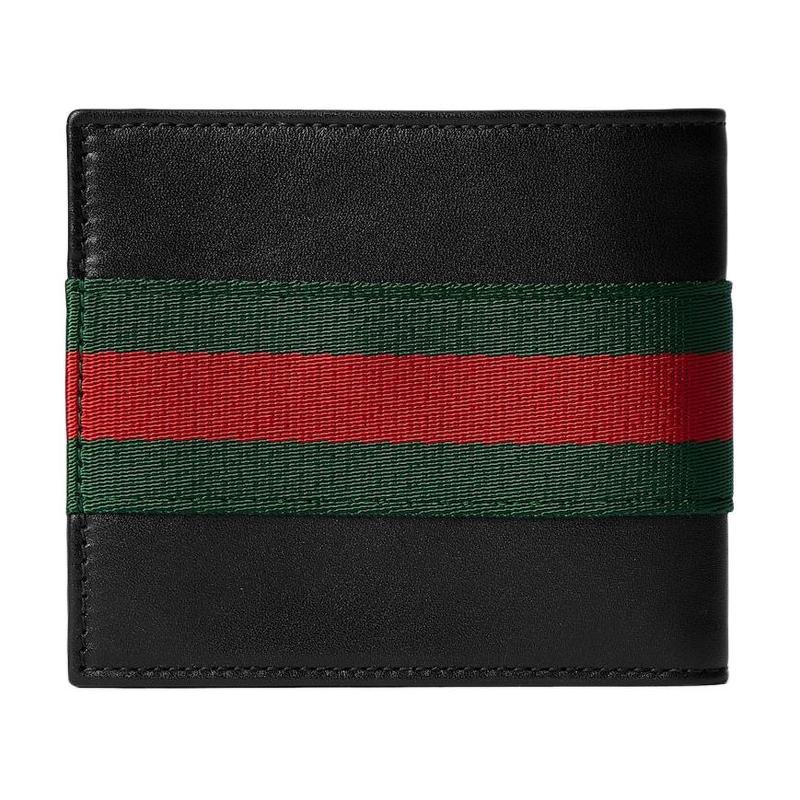 Gucci Черный мужской кожаный кошелек с красно-зеленой полосатой отделкой