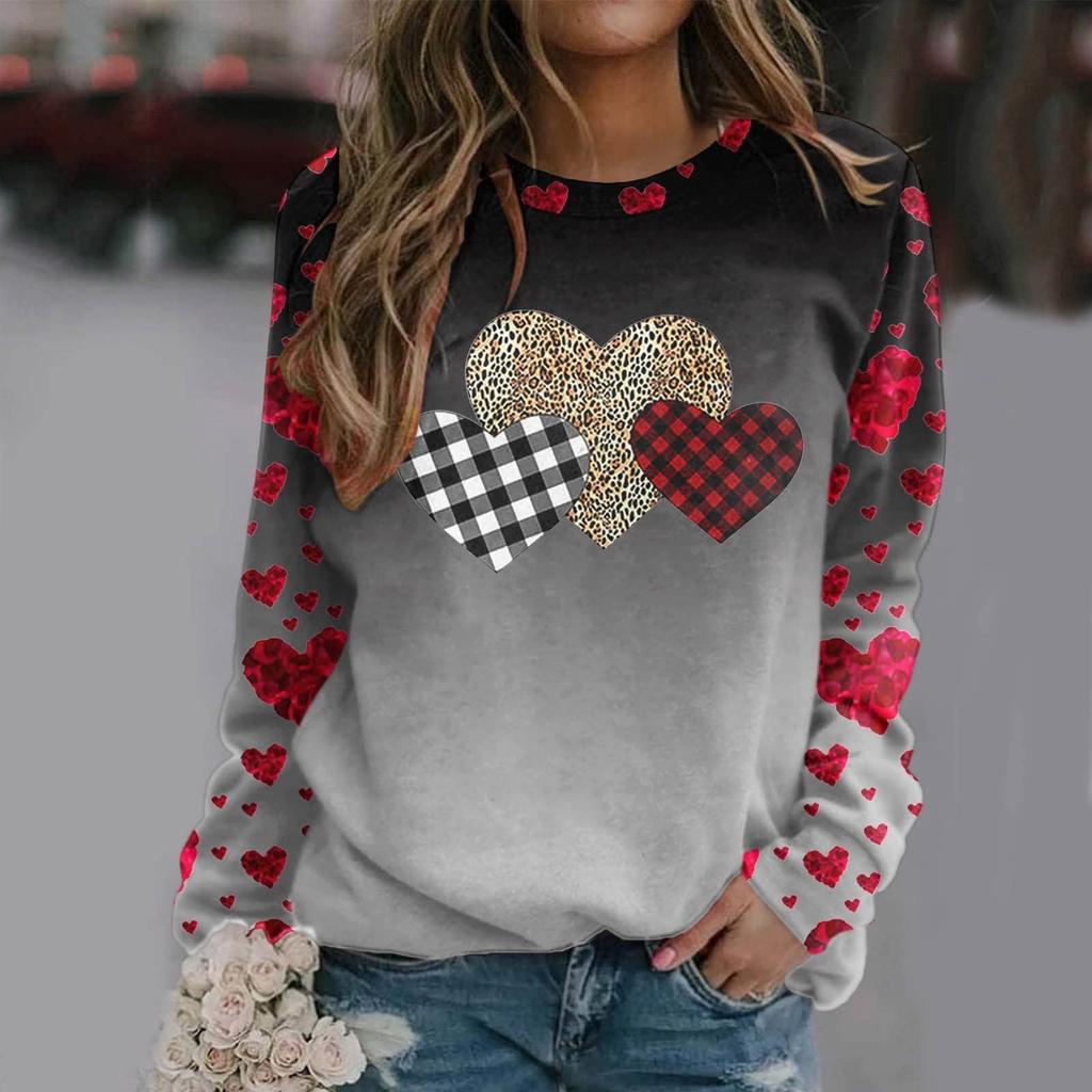 Женский повседневный пуловер с круглым вырезом и длинными рукавами, футболка с принтом ко Дню святого Валентина, топ