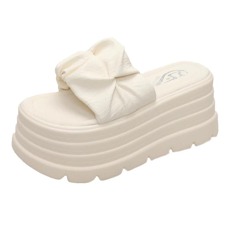 Модные 8 см Летние женские тапочки Новые плиссированные Толстая подошва Папины кроссовки Повседневные Слайды на высокой платформе Домашние Шлепанцы Кроссовки Женские