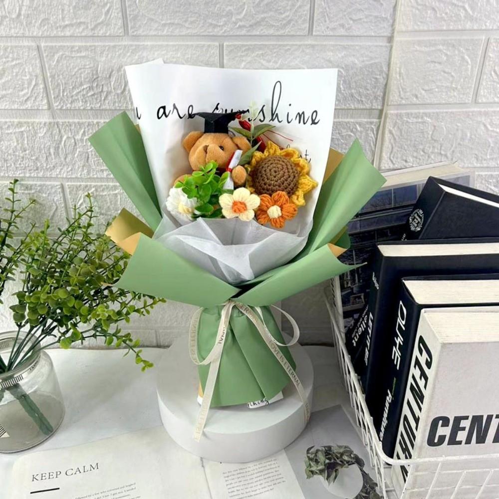 New Lovely Bear Simulated Flower Bouquet Crochet Sunflower Handmade Sunflower Flowers Animal Bouquet Graduation Ceremony