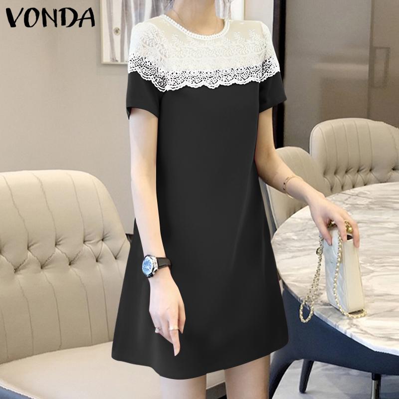 VONDA Летнее женское мини-платье прямого кроя с круглым вырезом, длинным рукавом и кружевной вставкой