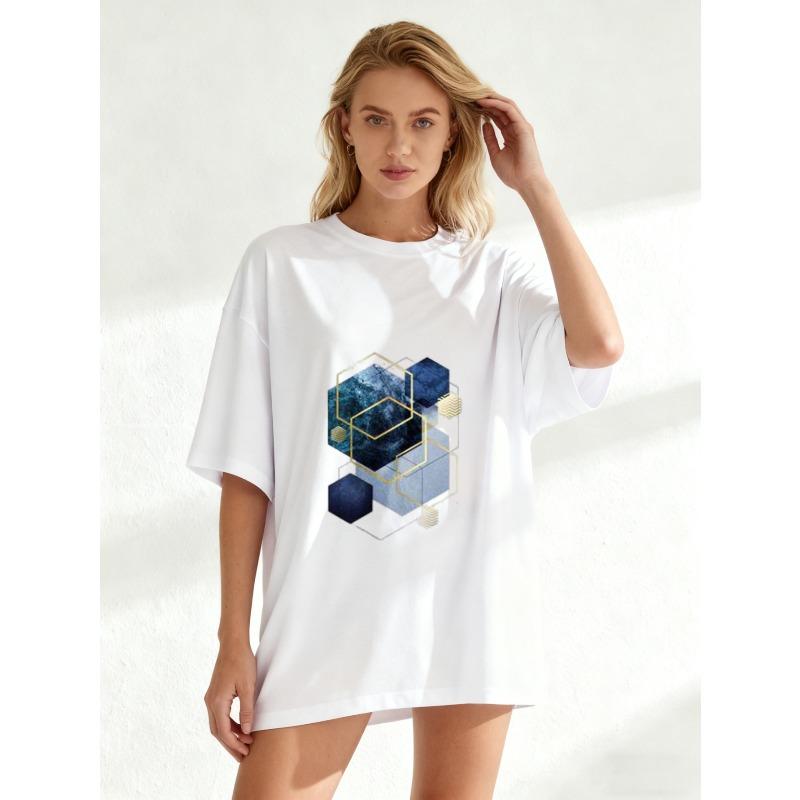Women's Short-Sleeve T-Shirt with Blue and Gold Geometric 3D Hexagon Patchwork Art Print