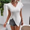 Summer Women's T-Shirt Solid Colour V Neck Lace Trimmed T-Shirt