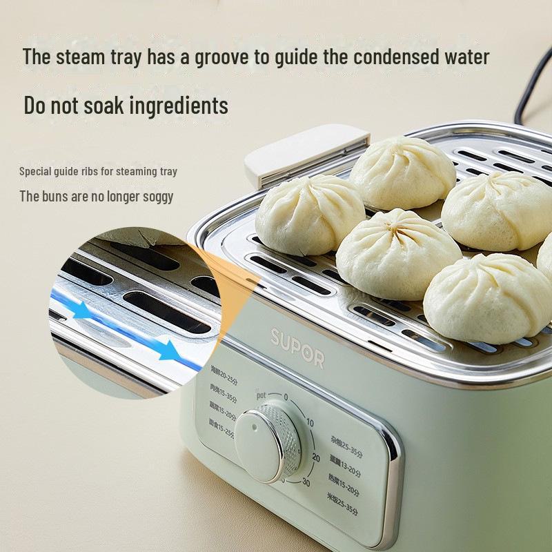 Трехуровневая электрическая пароварка Supor ZN23FK930 из нержавеющей стали с видимой решеткой и большой вместимостью.