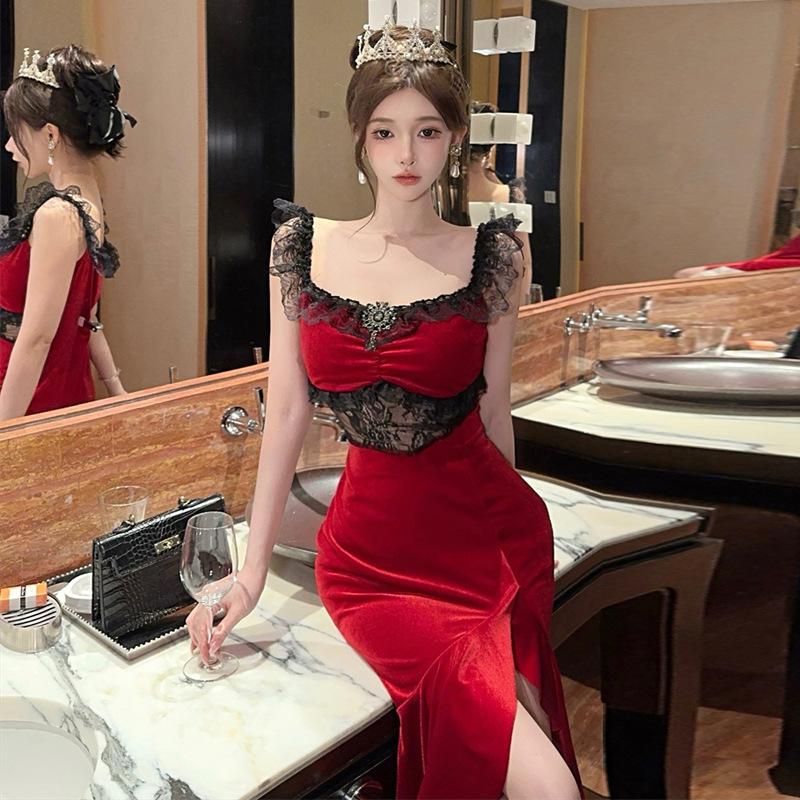 Женское платье-платье Celebrity Velvet Lotus Leaf Split