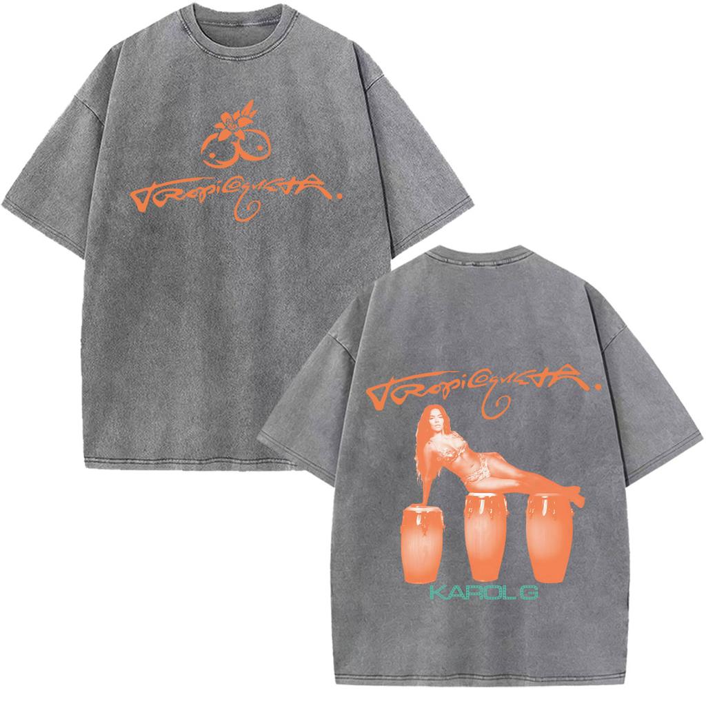 Karol G Viajando Por El Mundo Tropitour Graphics T Shirt Unisex Women Fashion Cotton Loose Casual Vintage Washed Tshirts Tops
