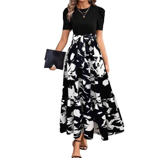 Летнее платье с круглым вырезом, коротким рукавом, высокой талией, длинное платье, сшитое из нескольких частей