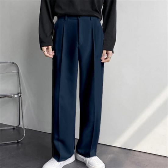 Men Suit Pants High Waist Button Zipper Fly Straight Wide Leg Long Pants with Pockets Solid Color Casual Trousers Daily Wear