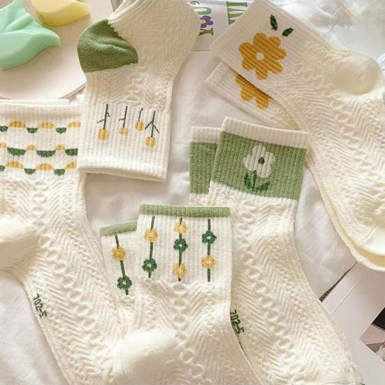 5 Pairs Women Socks Refreshing Flower Prints Mid-tube Shallow-cut High Elasticity Soft Breathable Sweat Absorption Anti-slip Girls Daily Sports Socks
