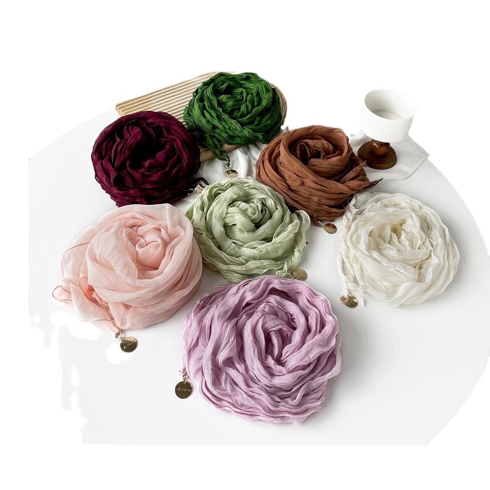 New crumpled moire yarn silk scarf spring and summer solid color metal decoration French elegant sunscreen scarf wholesale
