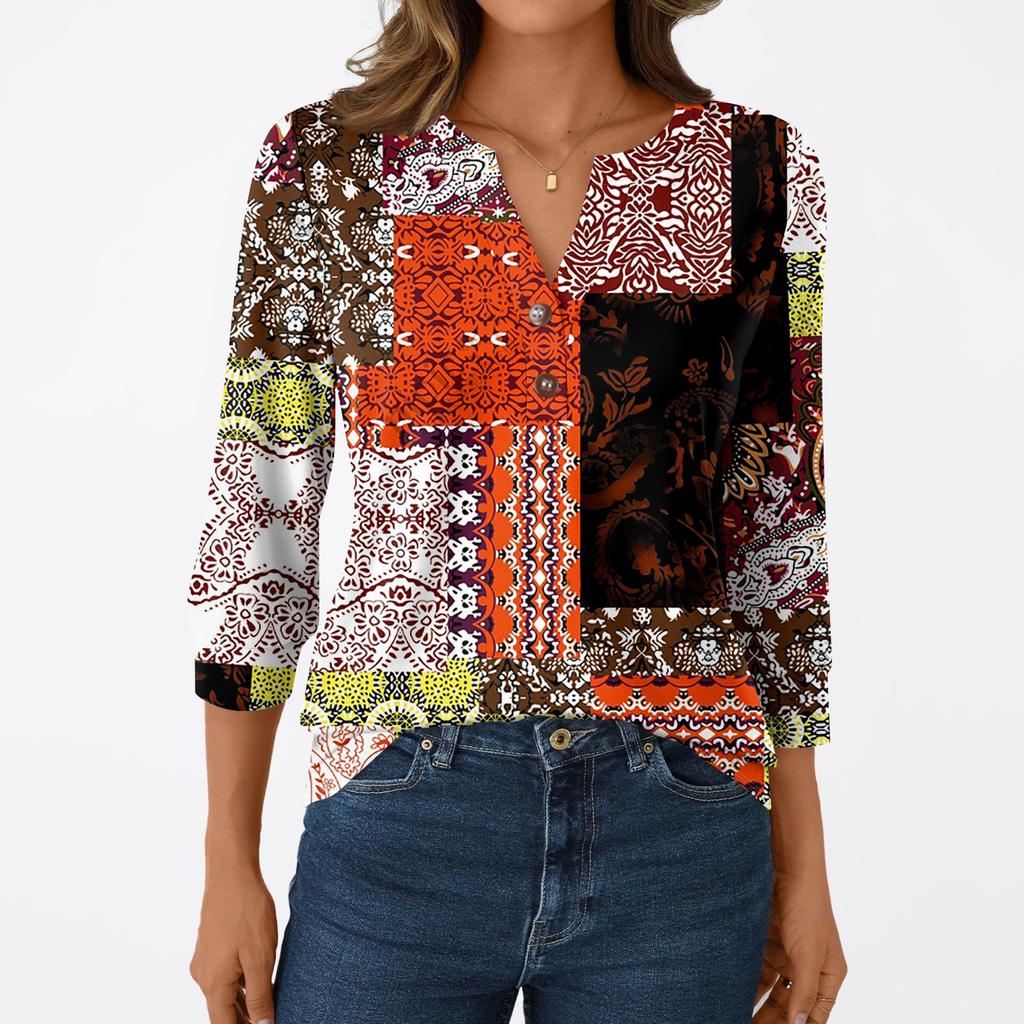 Женская модная повседневная футболка с рукавом 3/4, с принтами, V-образным вырезом и пуговицами