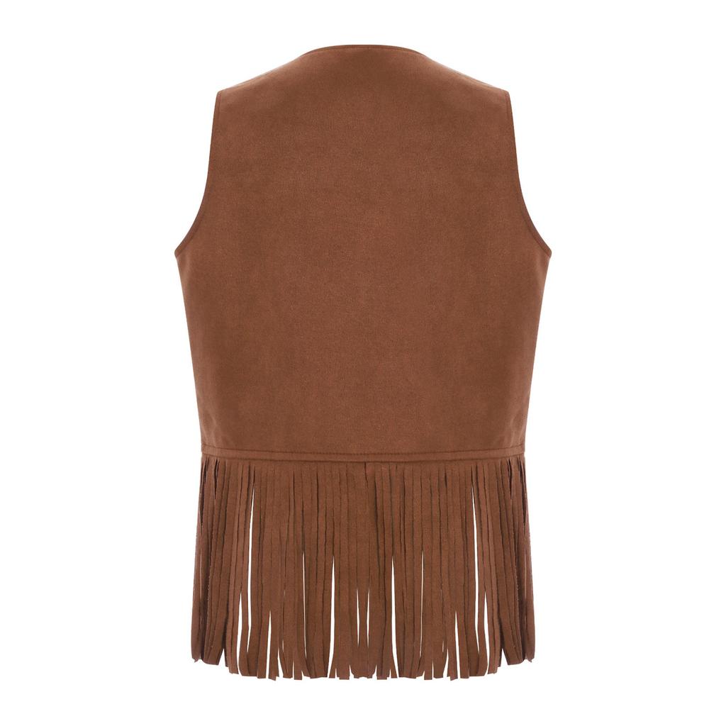 Детский ковбойский жилет унисекс, жилет с открытой передней частью, декоративные заклепки на груди, дизайн с кисточками, бахрома по подолу, костюм для западной вечеринки