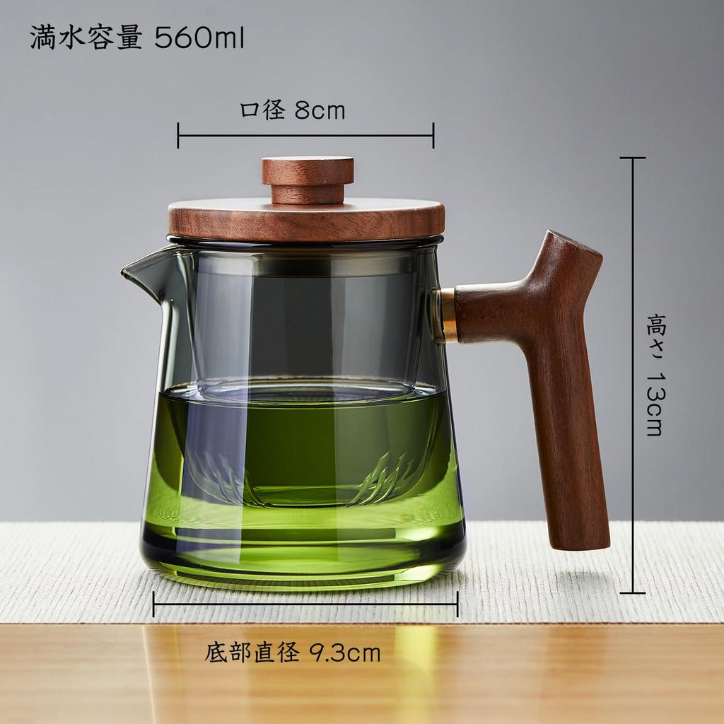 Pokaro Tea Heat-Resistant Glass Teapot, Ink Blue, 560ml Full Capacity, Glass Tea Strainer, Wooden Lid and Handle, Stylish Kyusu Kyusu, Modern Design,