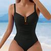 Women One-Piece Swimsuit Summer Deep V-Neck Pleated Solid Color Monokini Quick-Drying Swimwear Beachwear