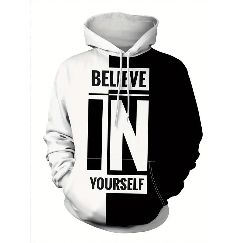 Believe & Stay Comfy Men's Hoodie with Geometric Print Kangaroo Pocket