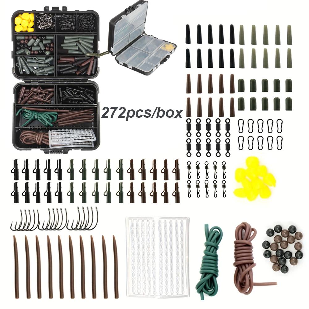 272Pcs Carp Fishing Terminal Tackle Kit Beads Snap Swivel Anti Tangle Sleeves Connector Tip Tube Positioner Carp Hooks With Box