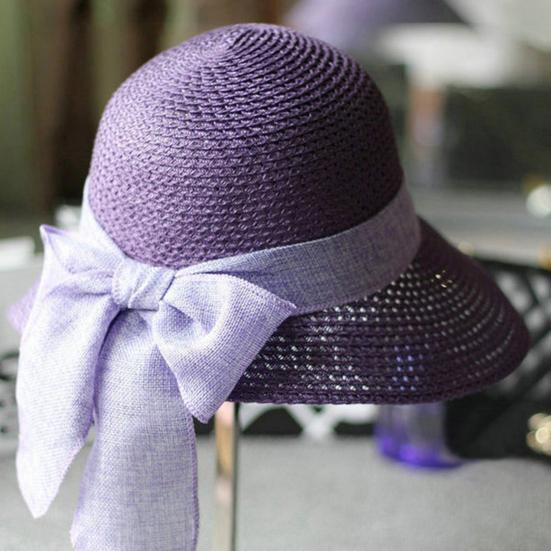 Ribbon Bowknot Decor Straw Hat Round Dome Solid Color Folding Women Big Brim Sunscreen Travel Hat Fashion Accessories