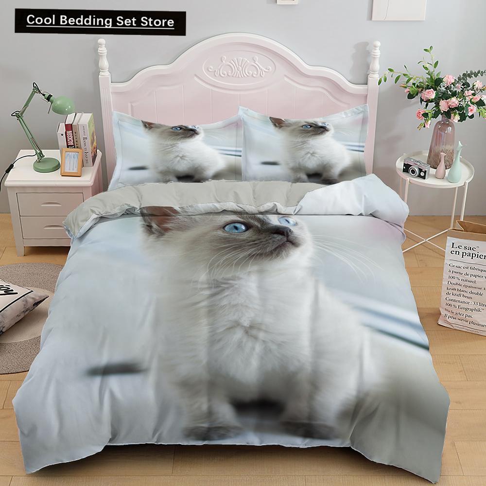 White Cat King Queen Duvet Cover Kawaii Pet Kitty Bedding Set for Kids Teens Adults Family Animal 2/3pcs Polyester Quilt Cover