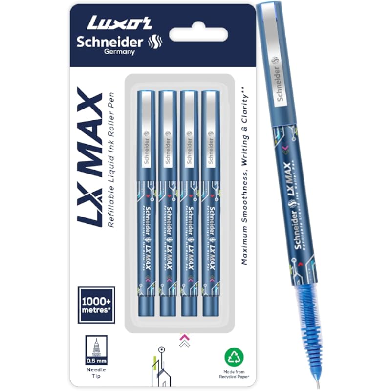 Luxor Schneider, роллерная ручка LX MAX, Упаковка из 4 штук - Синий, Игольчатый наконечник, 0,5 мм, 100% Немецкая технология, Более 1000 м письма