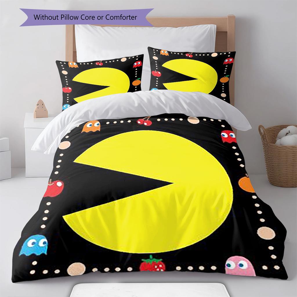 Постельное белье с узором Pac-Man, Комплект с одеялом, Пододеяльник, Наволочка, Домашний подарок на день рождения (1 пододеяльник + 2 наволочки, без наполнителя)