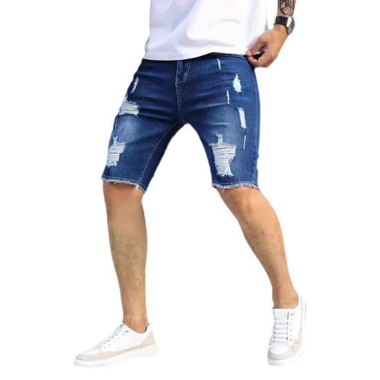 Men Denim Shorts Straight Tapered Legs Ripped Holes Design Knee-Length Shorts Versatile