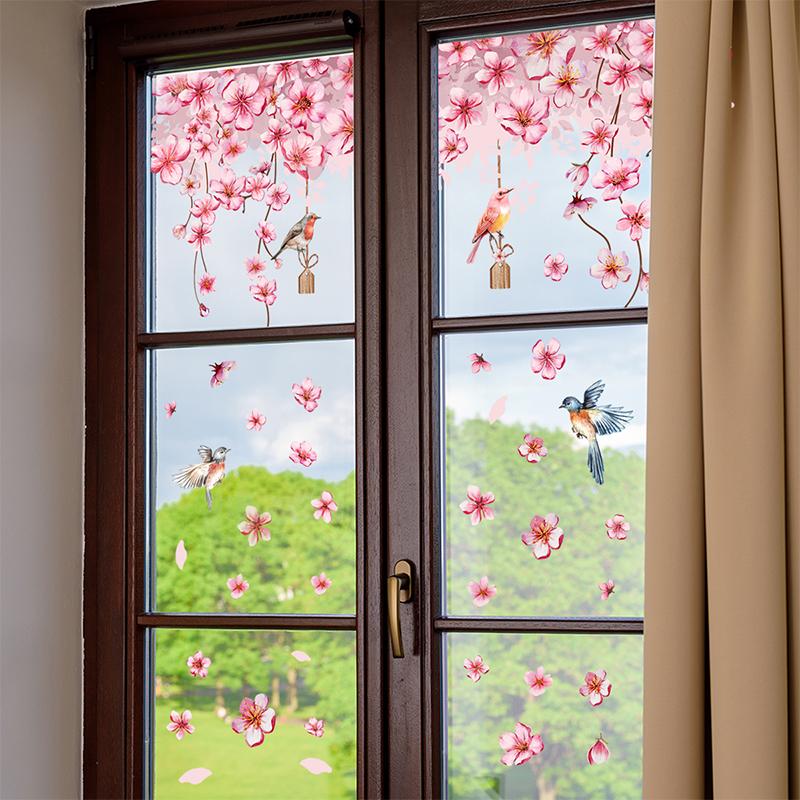 Розовые цветы лоза птицы наклейки на окно многоразовая фреска двусторонние наклейки на стену домашний декор стекло окна статическая наклейка