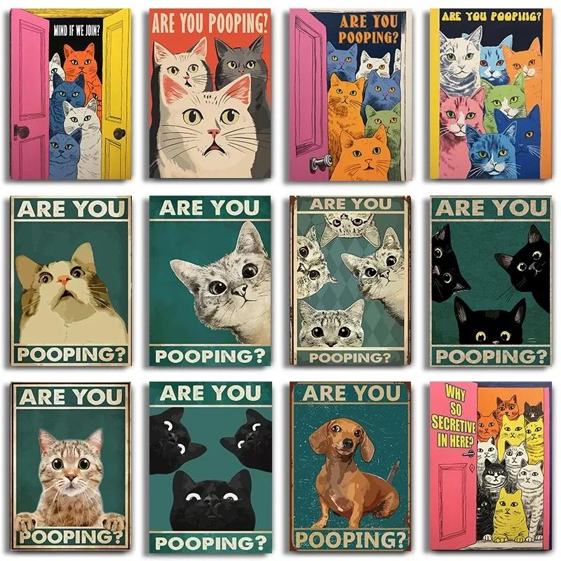 Are You Pooping Posters Bathroom Funny Bathroom Sign Canvas Prints Cute Black Cat Art for Wall Pictures Toilet Decor